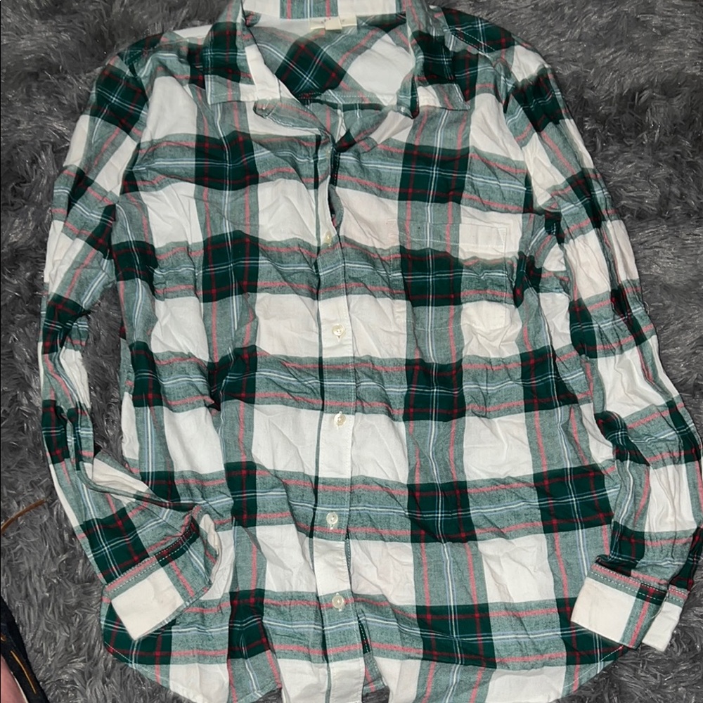 Style & Co. Women's Plaid Button Down Shirt - Green and White